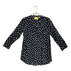 Anthropologie Maeve Brunia Polka Dot Pullover Henley Blouse in Navy/White - Sz M